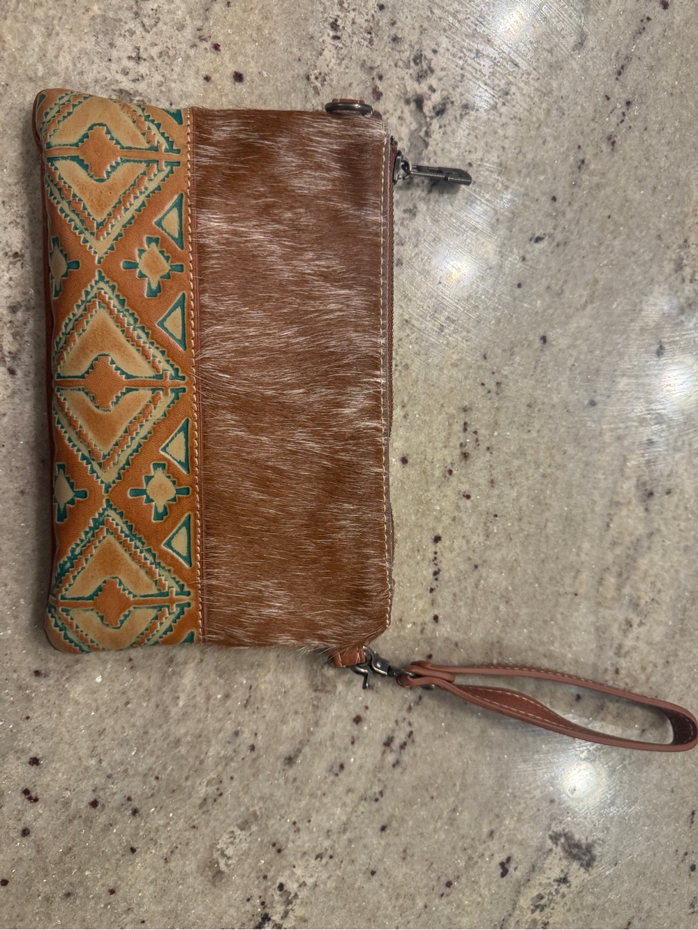 Myra Bag Brown Haircalf Wristlet with Turquoise Geometric Trim